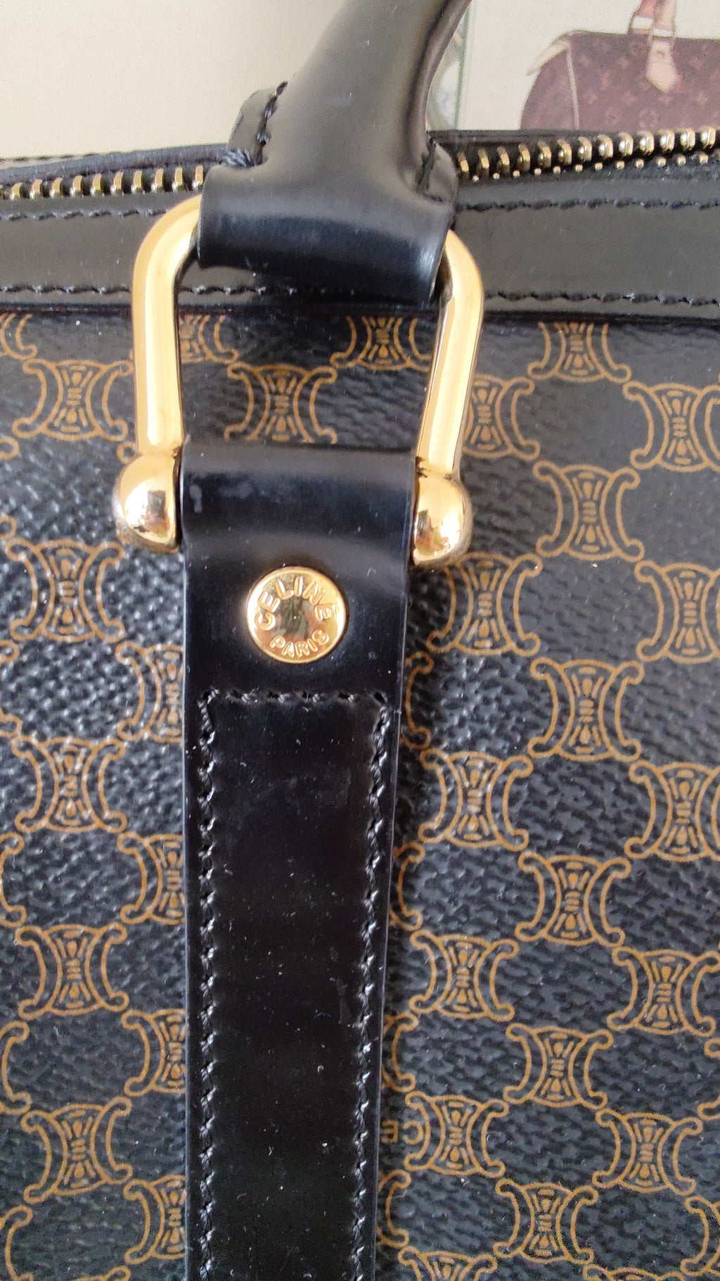 CELINE Celine Macadam Pattern Mini Boston Bag Black Gold Hardware
