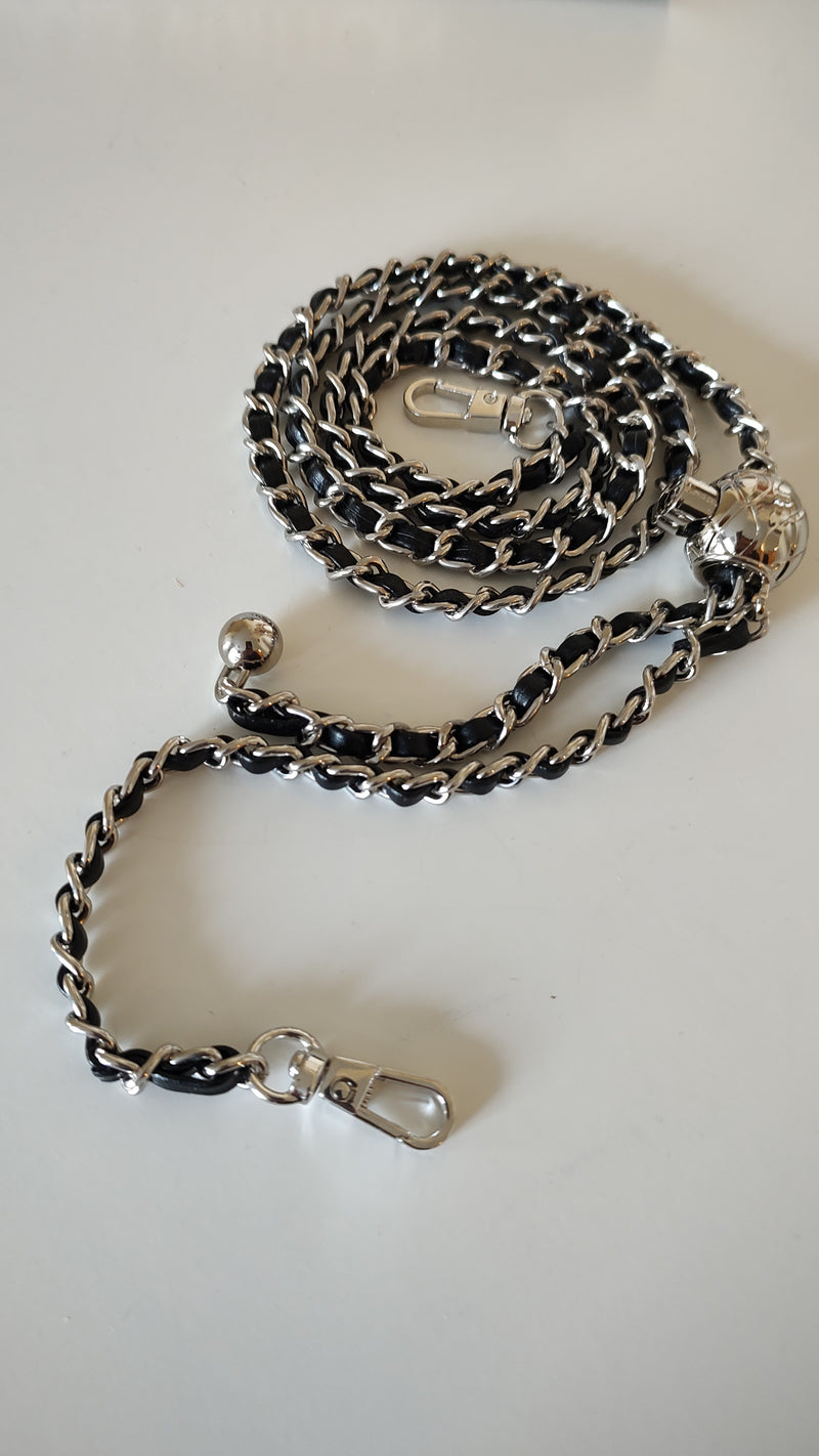 Adjustable Silver Chain With Black Leather Intertwined